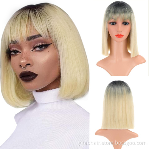 Anogol Cheap Ombre color black root Blonde Synthetic hair Bob Wigs With Bangs two tone ombre sik straight synthetic hair  wigs